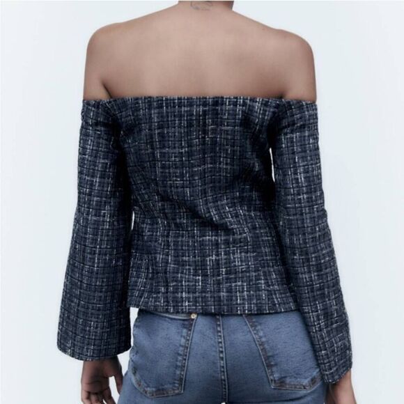 Zara Women's Blue Tweed Textured Off the Shoulder Top Long Sleeve Size Small - Picture 2 of 10